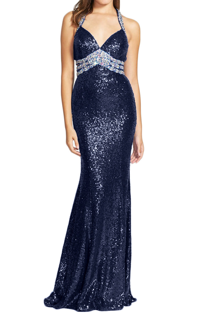 MACloth Mermaid Straps V Neck Sequin Prom Dress Dark Navy Formal Gown