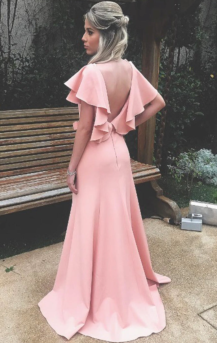 MACloth V Neck Sheath Blush Pink Long Prom Dress Jersey Formal Evening Gown Blush Pink / Above Knee / US2