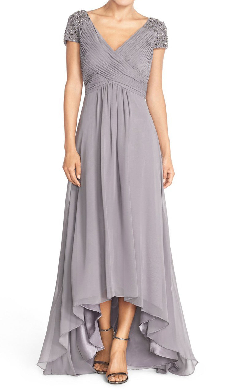 MACloth Straps V Neck Cap Sleeves Hi-Lo Chiffon Evening Gown Silver Mo