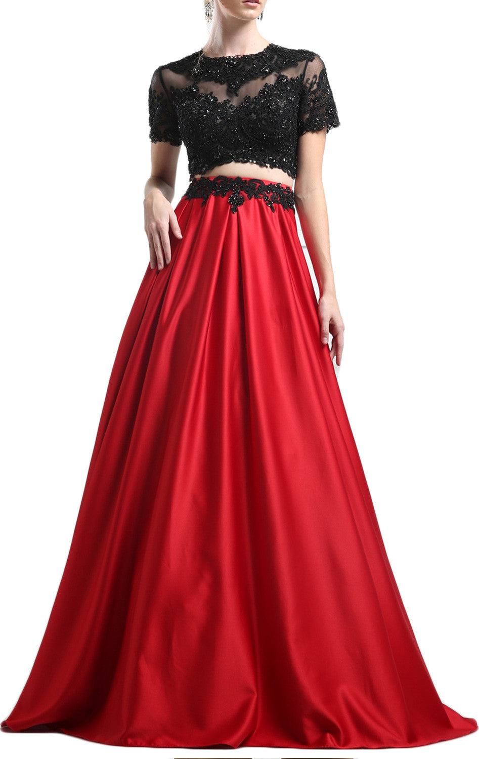 Macloth Short Sleeves Black Lace Red Prom Dress Two Piece Ball Gown Custom Color / Above Knee / US10 Macloth Short Sleeves Black Lace Red Prom Dress Two Piece Ball Gown Custom Color / Above Knee / US10