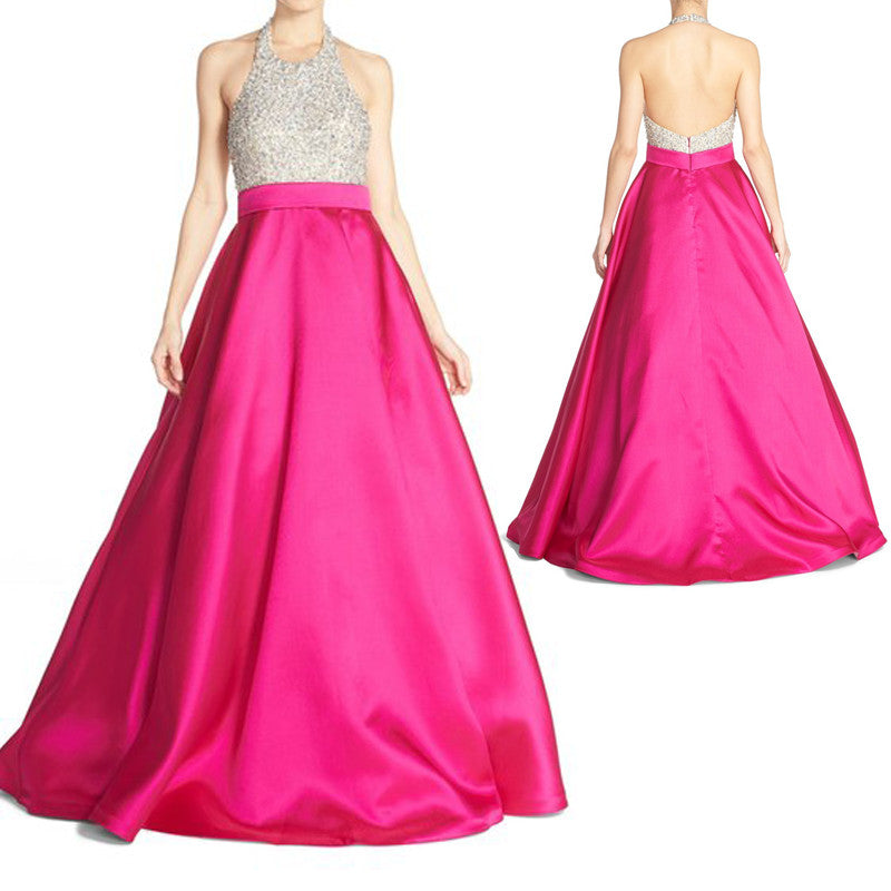 MACloth Neckholder Perlenbesetztes Satin Langes Ballkleid Fuchsia Ballkleid