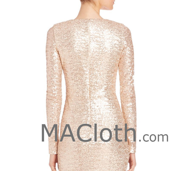 MACloth Women Long Sleeves V Neck Sequin Evening Gown Rose Gold Mother of the Brides Dress