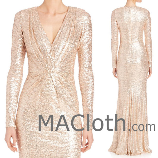 MACloth Women Long Sleeves V Neck Sequin Evening Gown Rose Gold Mother of the Brides Dress