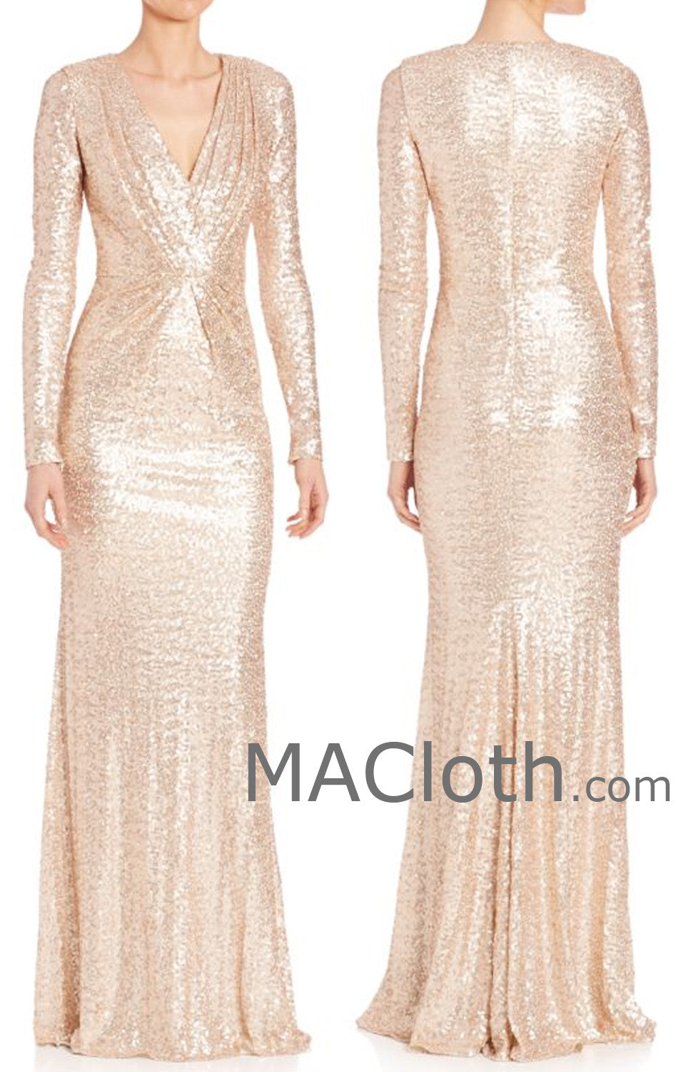 MACloth Women Long Sleeves V Neck Sequin Evening Gown Rose Gold Mother