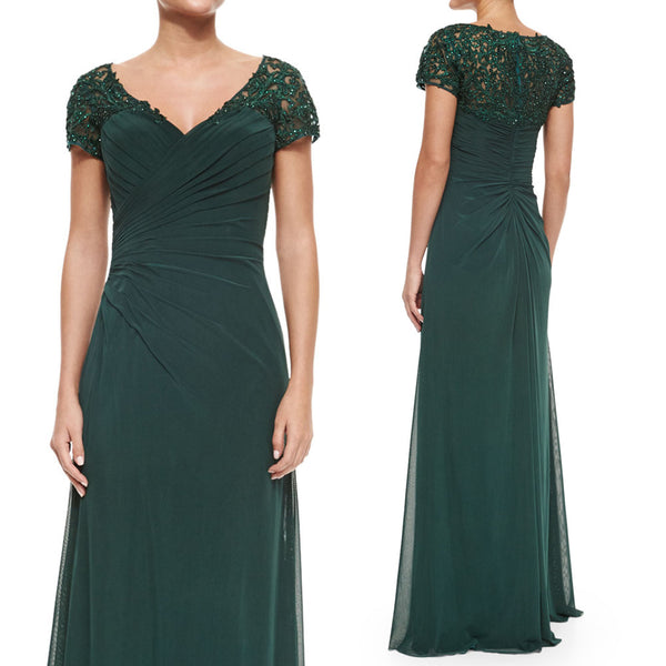 MACloth Women Cap Sleeves V Neck Lace Chiffon Long Evening Gown Dark Green Mother of the Brides Dress