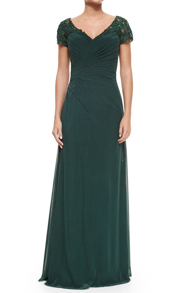 MACloth Women Cap Sleeves V Neck Lace Chiffon Long Evening Gown Dark Green Mother of the Brides Dress