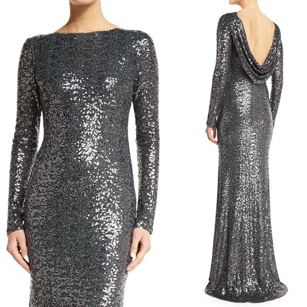 MACloth Mermaid Long Sleeves Sequin Evening Gown Gray Mother of the Brides Dress