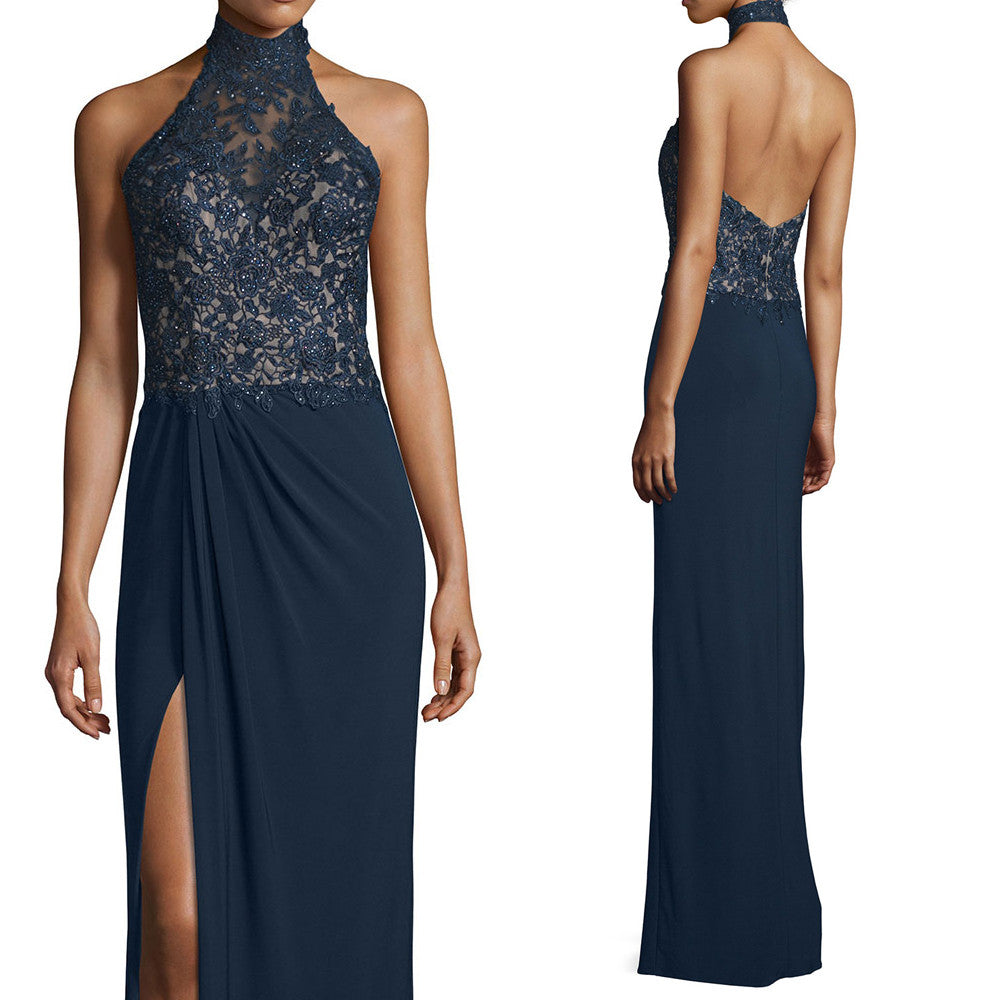 MACloth Women Halter Lace Jersey Long Evening Gown Sleeveless Formal Dress