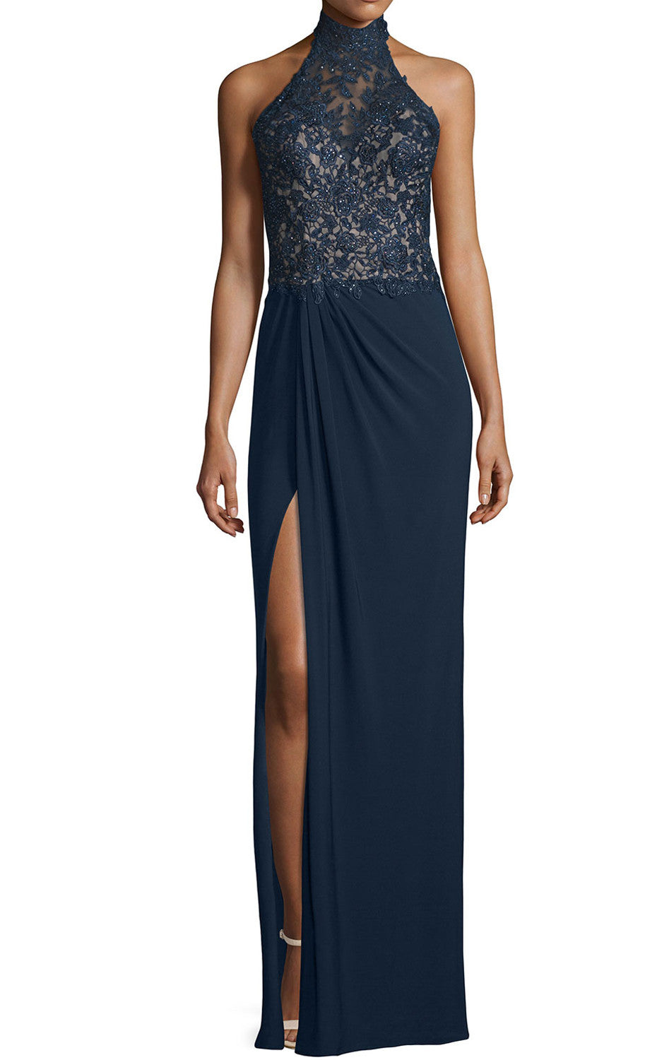 Macloth Women Halter Lace Jersey Long Evening Gown Sleeveless Formal Dress Dark Navy / Above Knee / US6