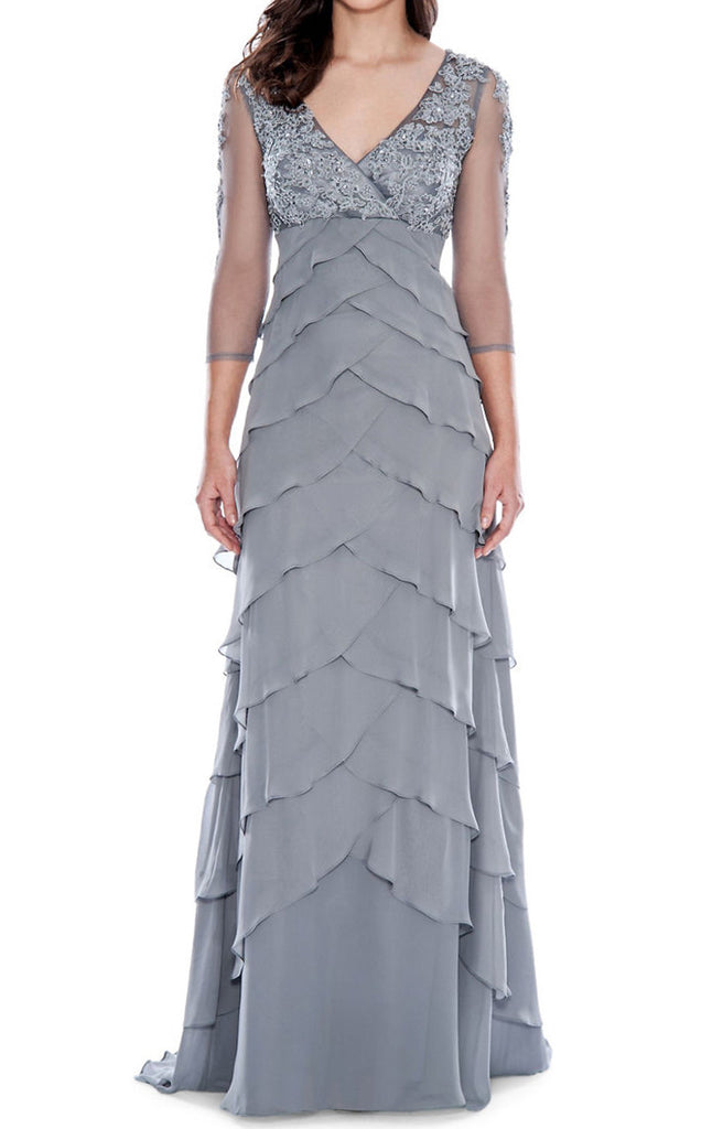 MACloth Half Sleeves Lace Chiffon Long Evening Gown Silver Mother of the Brides Dress
