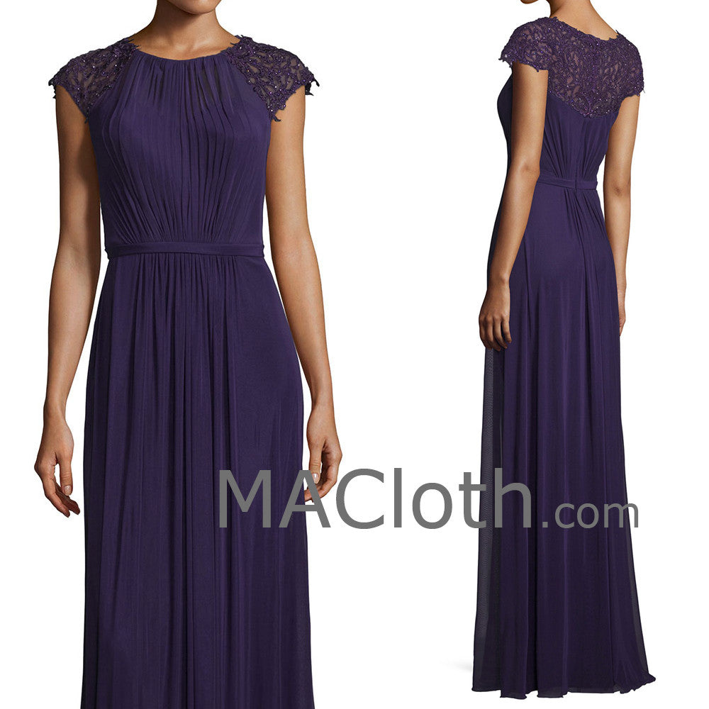 MACloth Women Cap Sleeves Long Purple Lace Chiffon Mother of the Brides Dress Evening Gown