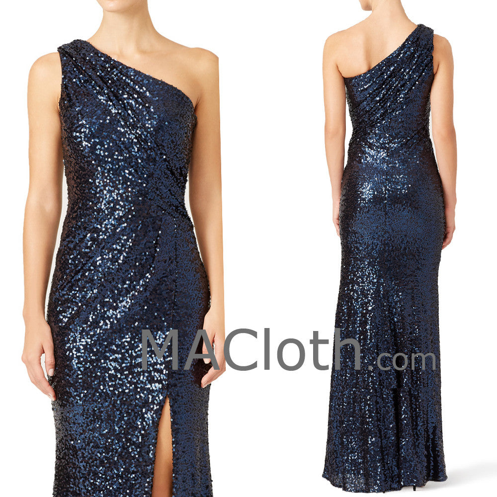 MACloth Women Mermaid One Shoulder Sequin Dark Navy Long Evening Formal Gown with Slit
