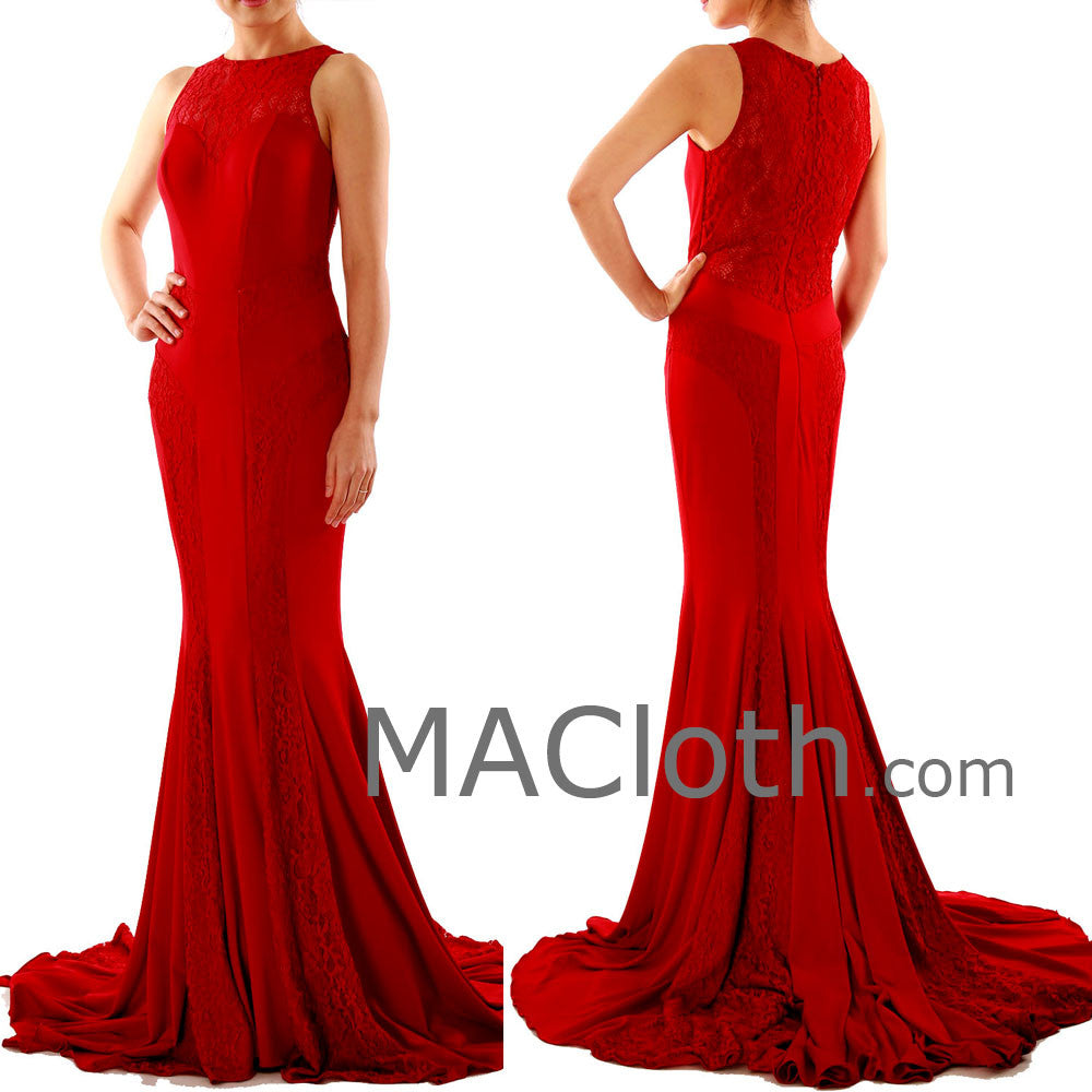 Mermaid Straps O Neck Lace Jersey Burgundy Evening Prom Dress with Court Train 160124