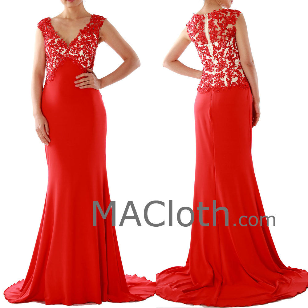 Mermaid Straps V Neck Lace Jersey Red Evening Gown 160134