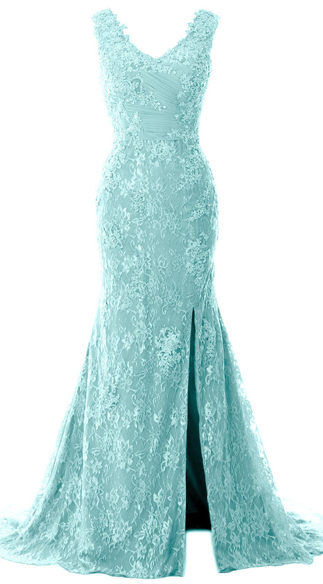 MACloth Women Mermaid Long Wedding Dresses V Neck Lace Evening Prom Gown