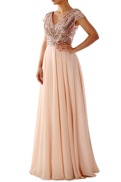 Cap Sleeves V Neck Sequin Chiffon Rose Gold Bridesmaid Dress