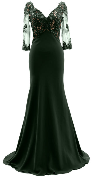 MACloth 3/4 Sleeves Illusion Lace Evening Gown V Neck Mother of the Bride Dress