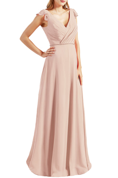 MACloth Women Cap Sleeves V Neck Chiffon Long Bridesmaid Dresses Evening Gown
