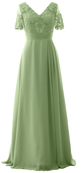 MACloth Women V Neck Long Mother of Bride Dresss Lace Evening Gown Short Sleeves