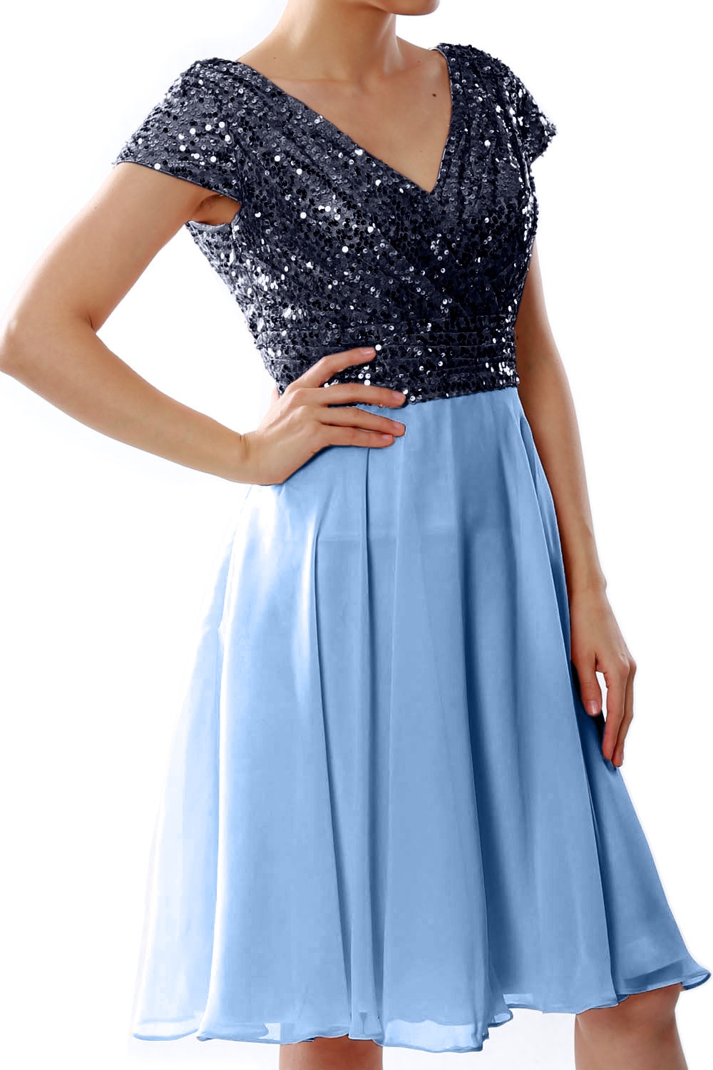 MACloth Mujeres Vestidos cortos para madre de la novia Mangas cortas Dama de honor Lentejuelas