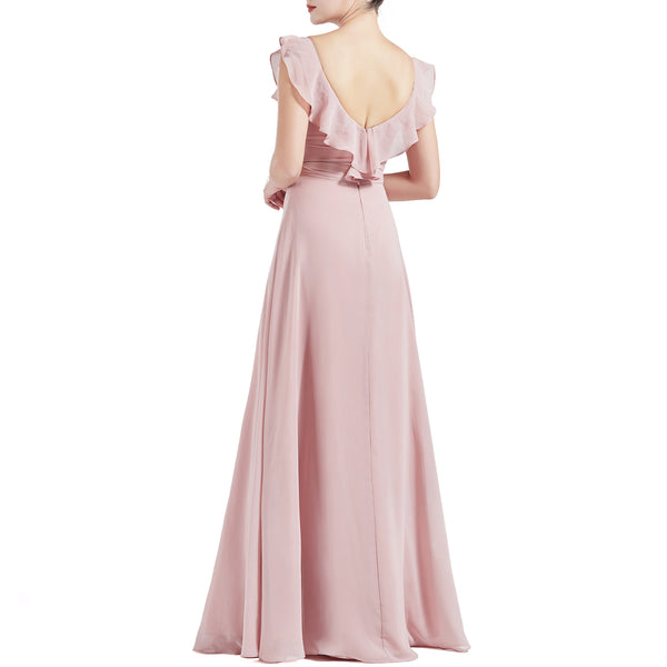 MACloth Women V Neck Ruffle Cap Sleeve Empire Waist Long Bridesmaid Dresses