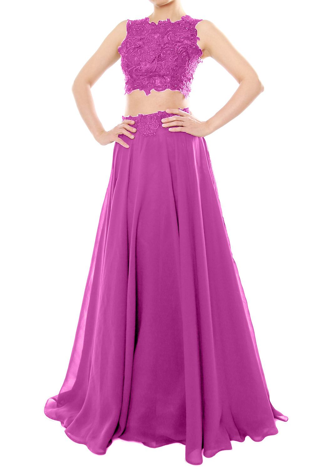 MACloth Vestido largo de gasa con encaje y cuello alto de dos piezas para mujer, vestido de fiesta formal para graduación