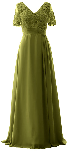 MACloth Women V Neck Long Mother of Bride Dresss Lace Evening Gown Short Sleeves