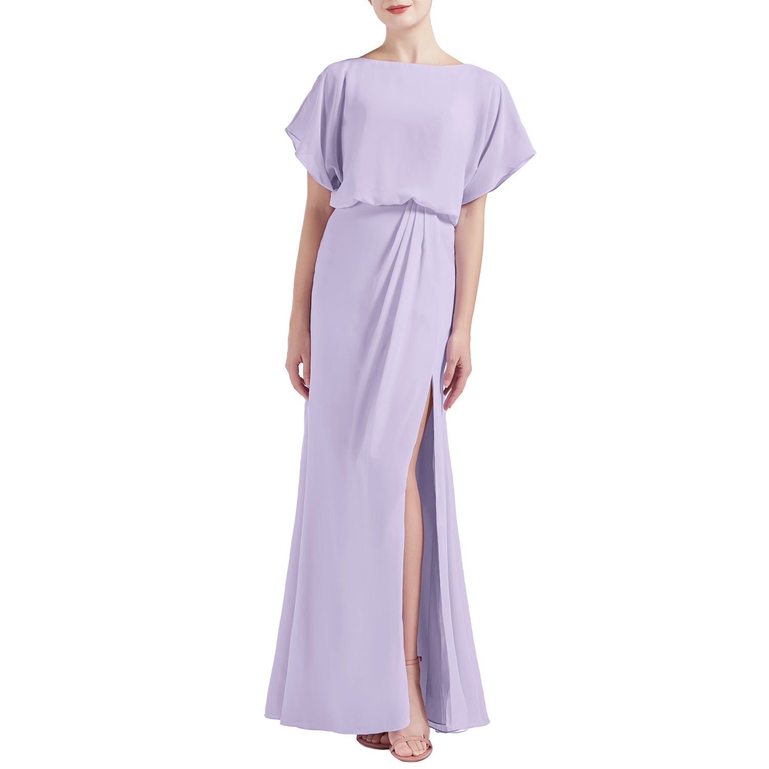 MACloth Women Chic Kimono Boat Neck Long Bridesmaid Dresses Slit Dusty Sage / Above Knee / Custom Size