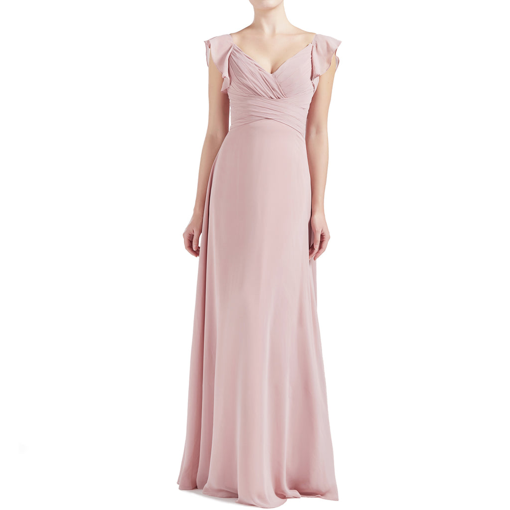 MACloth Women V Neck Ruffle Cap Sleeve Empire Waist Long Bridesmaid Dresses