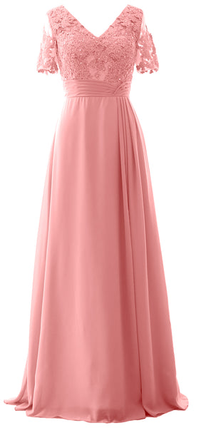 MACloth Women V Neck Long Mother of Bride Dresss Lace Evening Gown Short Sleeves