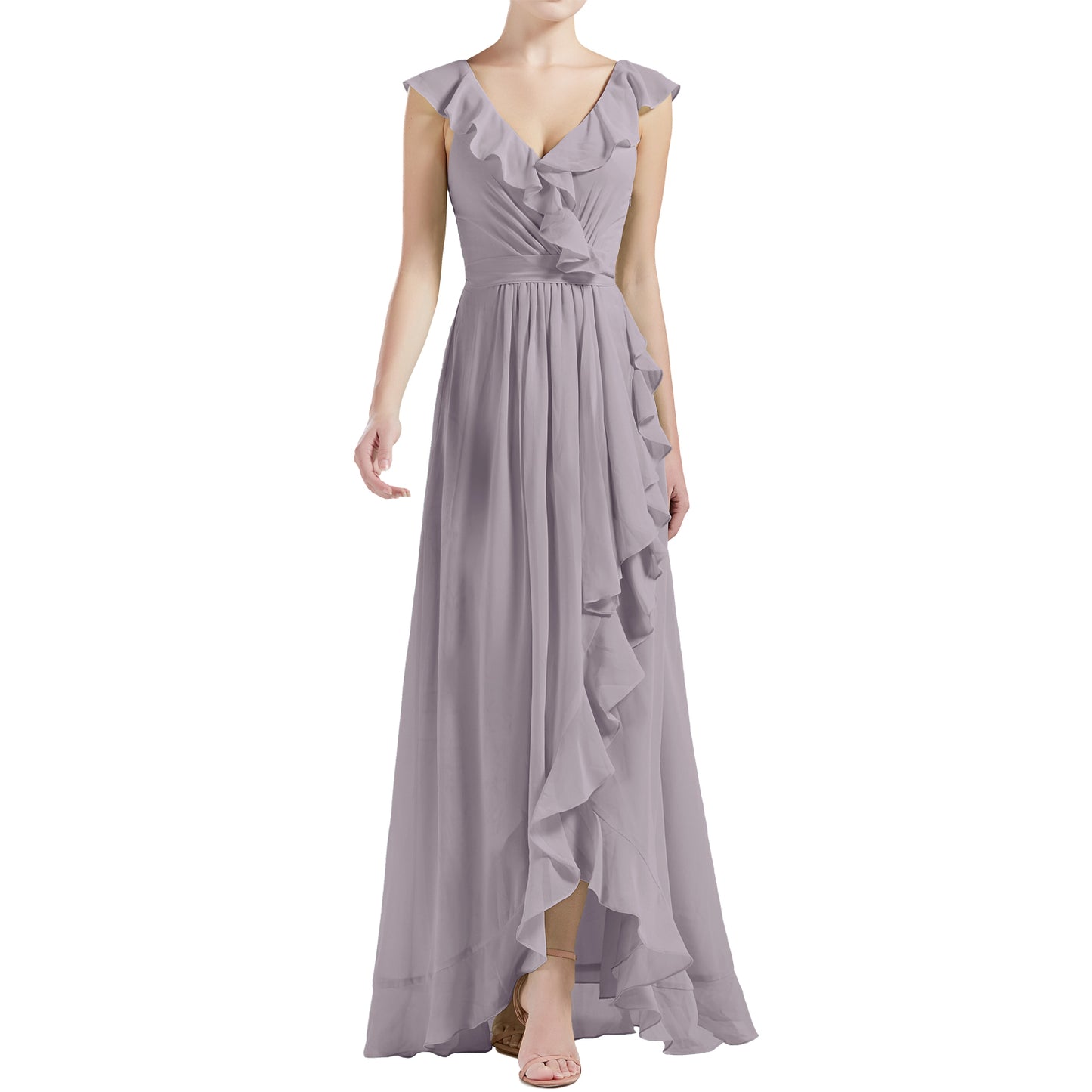 MACloth Women V Neck Ruffle Cap Sleeve Hi-Lo Long Wedding Bridesmaid Dresses