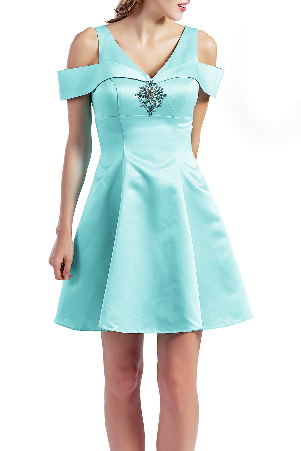 Macloth Women Short Cold Shoulder V Neck Satin Homecoming Dresses Wedding Guest Spa / Custom Size