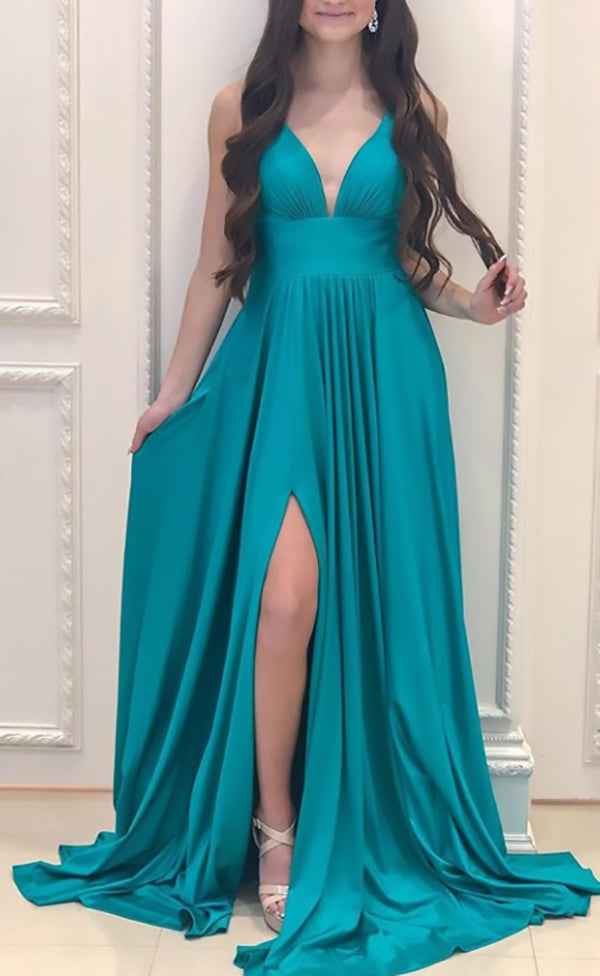 MACloth Straps V Neck Jersey Long Bridesmaid Dress Simple Formal Evening Gown