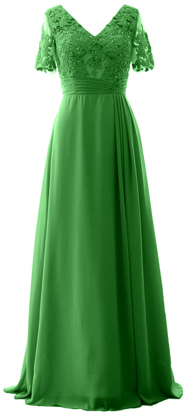 MACloth Women V Neck Long Mother of Bride Dresss Lace Evening Gown Short Sleeves
