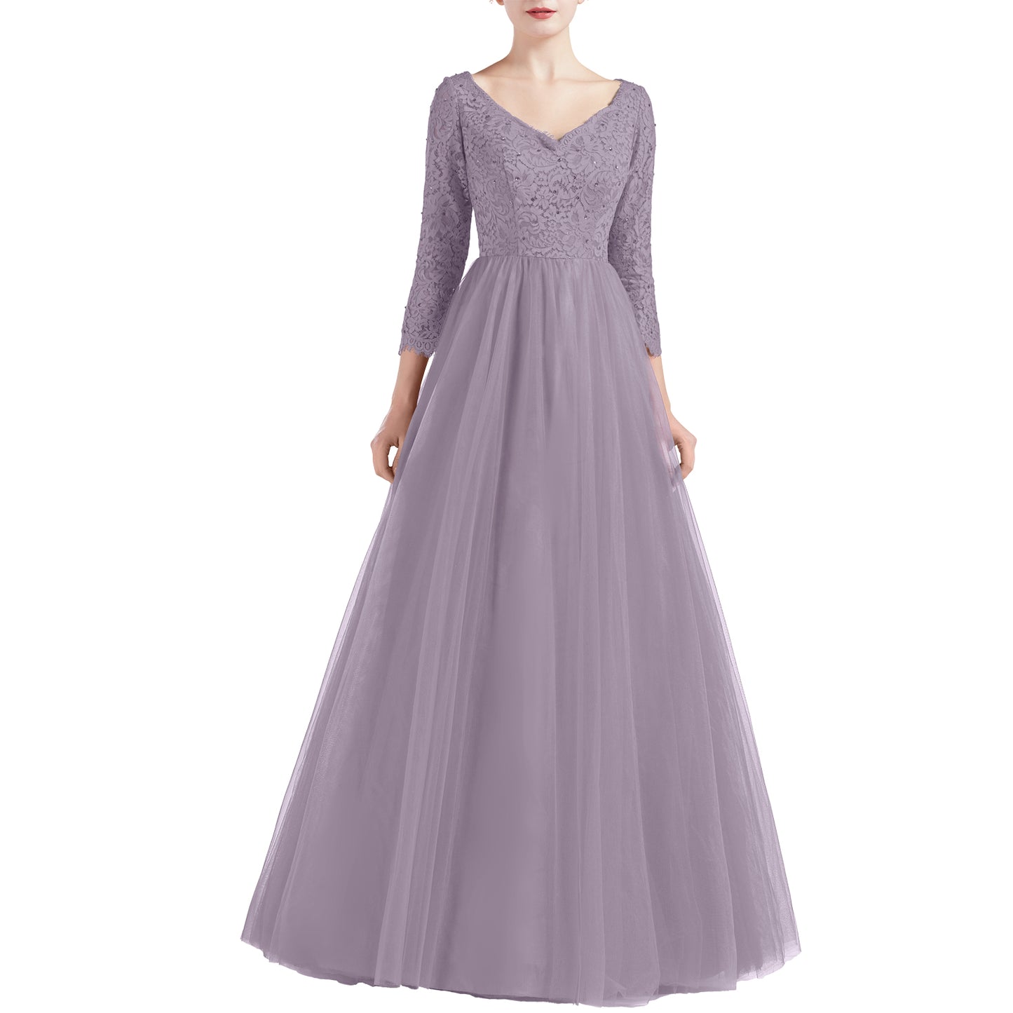 MACloth Women V Neck 3/4 Sleeve Long Tulle Prom Party Dresses Ball Gown Bridal