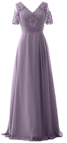 MACloth Women V Neck Long Mother of Bride Dresss Lace Evening Gown Short Sleeves