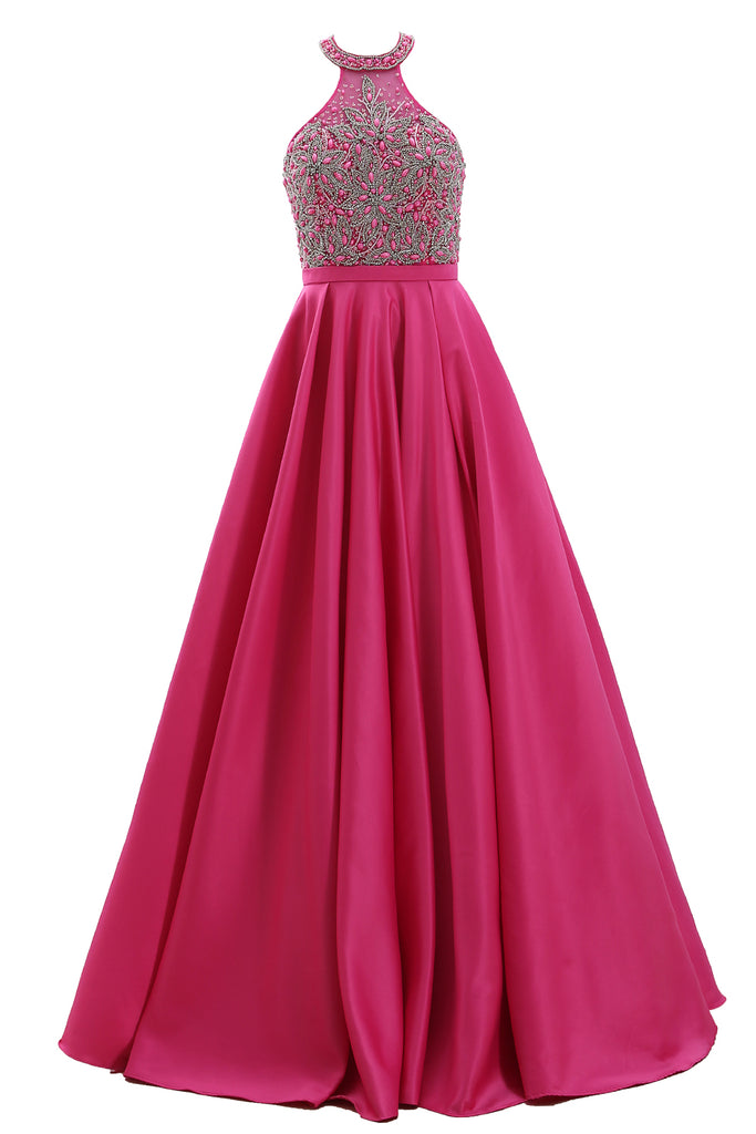 MACloth Women Halter Beaded Satin Formal Evening Gown Open Back Long Prom Dress