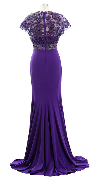 MACloth Women Cap Sleeve V Neck Evening Gown Sheath Beaded Mother of Bride Dress