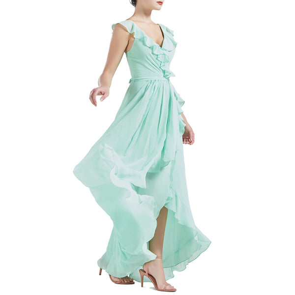 MACloth Women V Neck Ruffle Cap Sleeve Hi-Lo Long Wedding Bridesmaid Dresses
