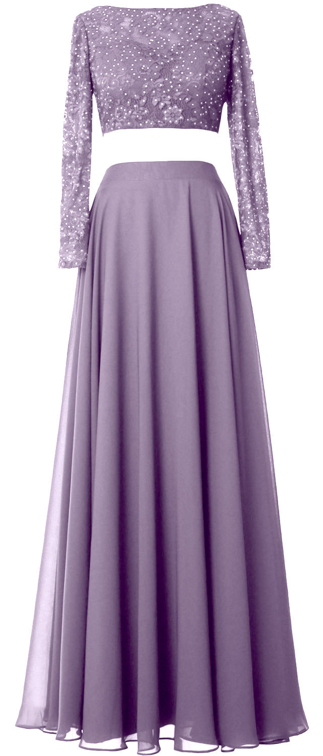 MACloth Damen Abendkleid aus Spitze und Chiffon, 2-teilig, lange Ärmel, Ballkleid