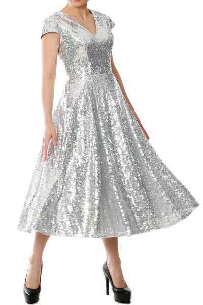 MACloth Women Midi Mother of Bride Dresses Sequin Cap Sleeves Wedding Party