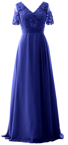 MACloth Women V Neck Long Mother of Bride Dresss Lace Evening Gown Short Sleeves