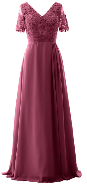 MACloth Women V Neck Long Mother of Bride Dresss Lace Evening Gown Short Sleeves