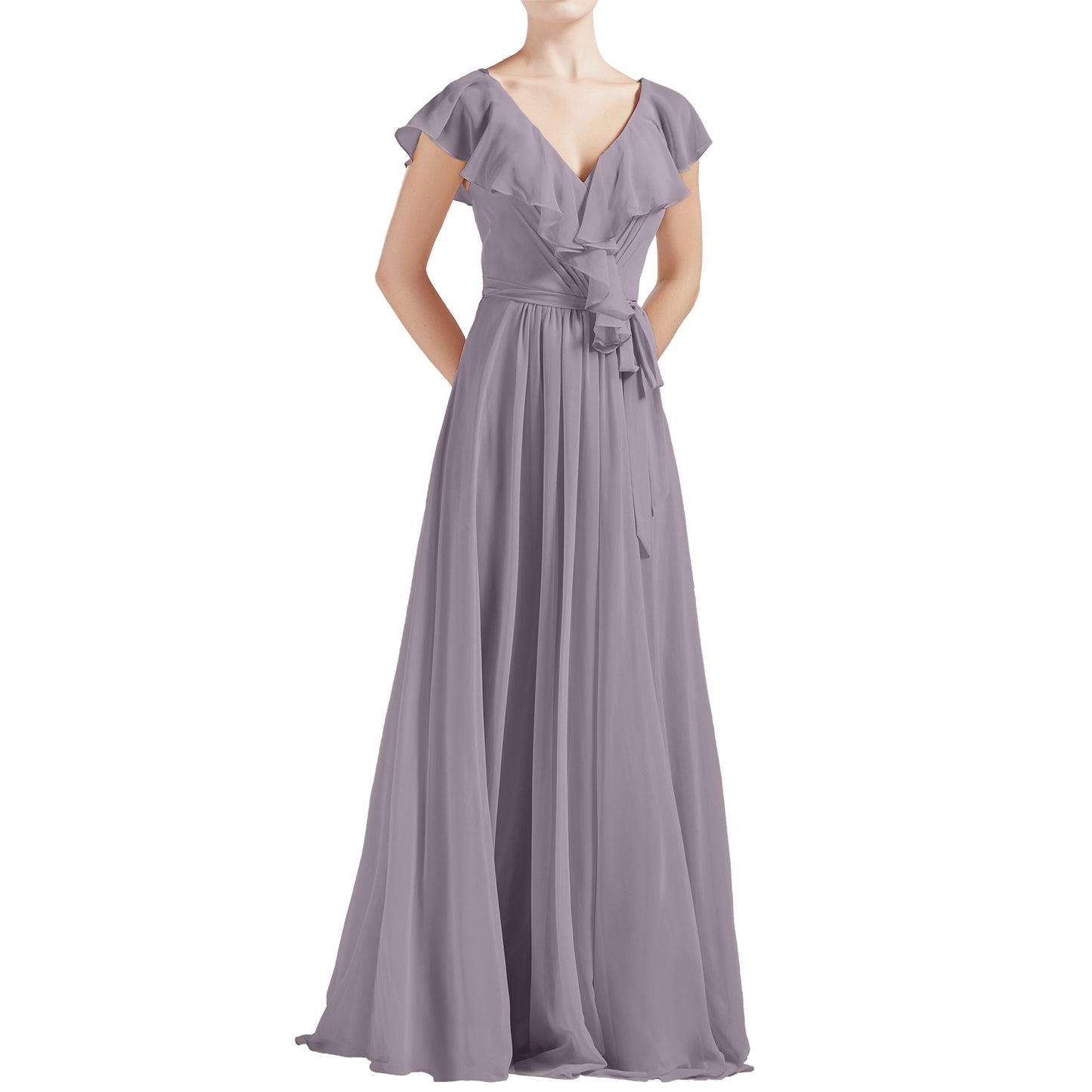 MACloth Women V Neck Ruffle Cap Sleeves Long Bridesmaid Dresses