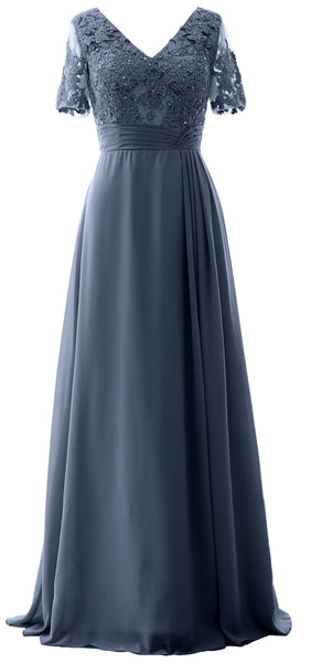 MACloth Women V Neck Long Mother of Bride Dresss Lace Evening Gown Short Sleeves