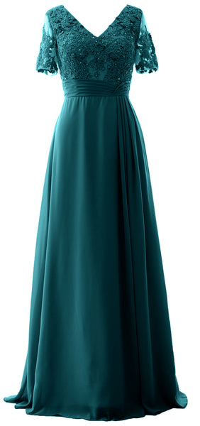 MACloth Women V Neck Long Mother of Bride Dresss Lace Evening Gown Short Sleeves