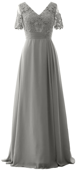 MACloth Women V Neck Long Mother of Bride Dresss Lace Evening Gown Short Sleeves