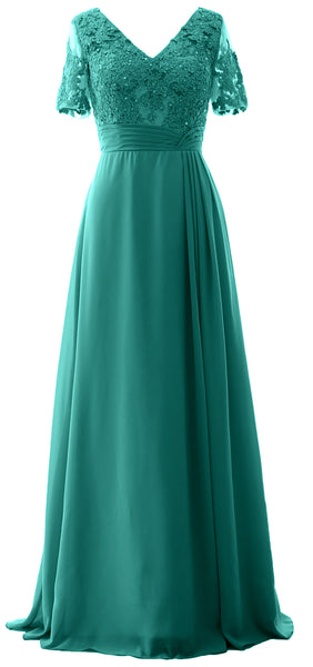MACloth Women V Neck Long Mother of Bride Dresss Lace Evening Gown Short Sleeves