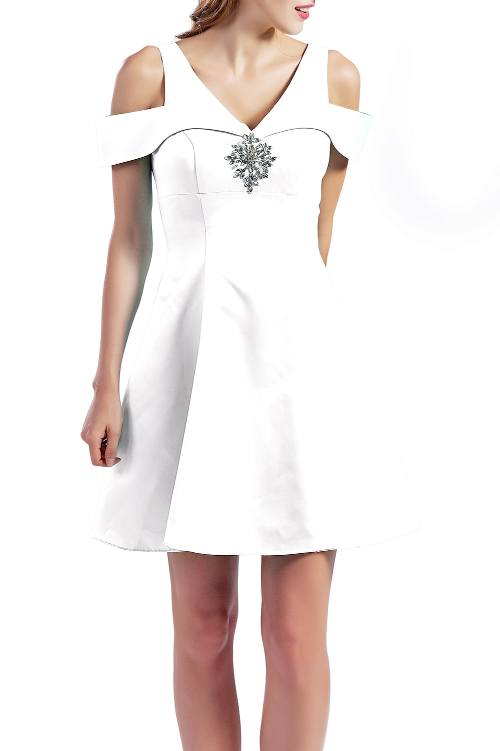 MACloth Women Short Cold Shoulder V Neck Satin Homecoming Dresses Wedding Guest