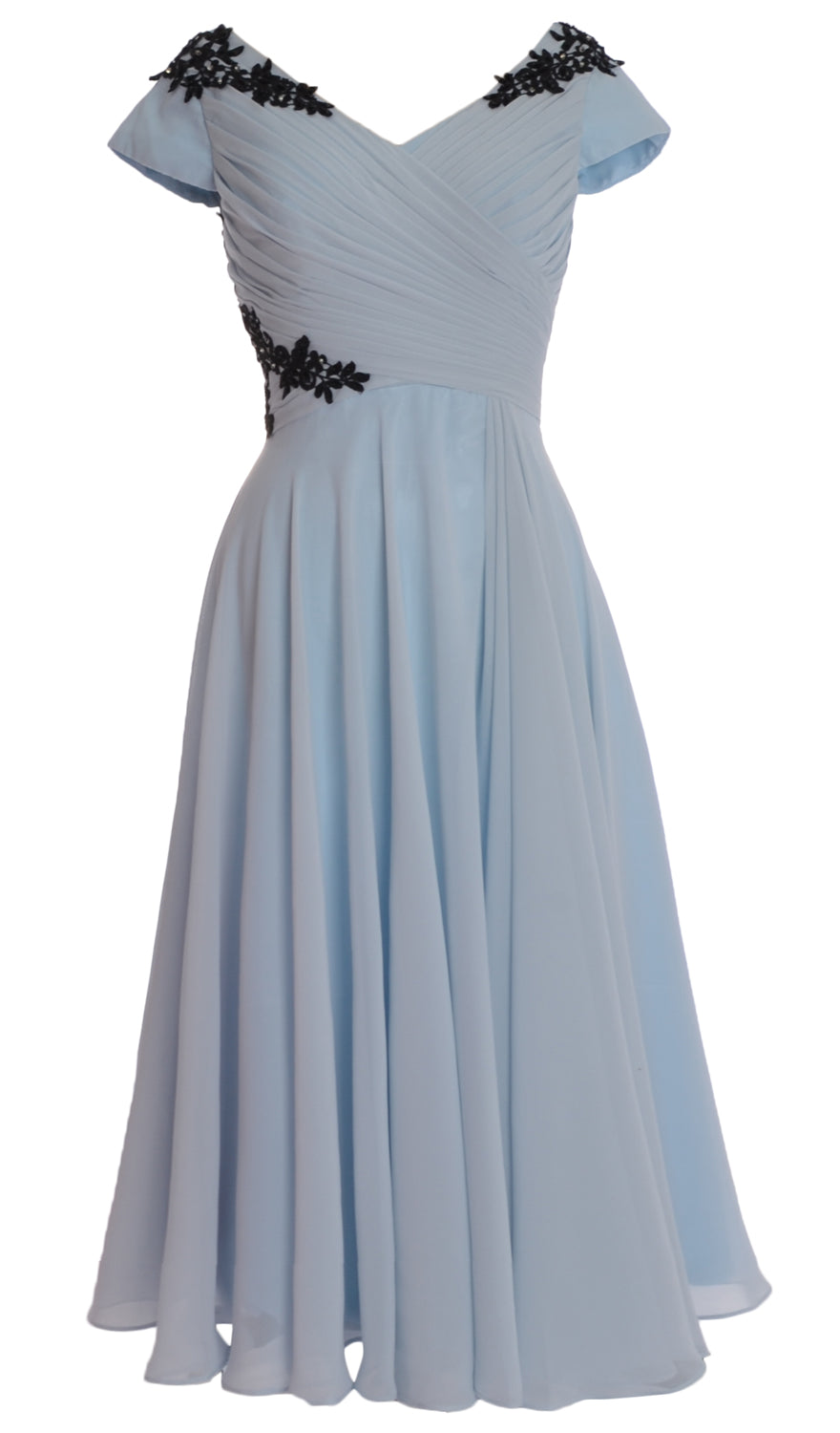 Macloth Women Mother of Bride Dresses V Neck Cap Sleeve Tea Length Wedding Guest Sky Blue / Custom Size